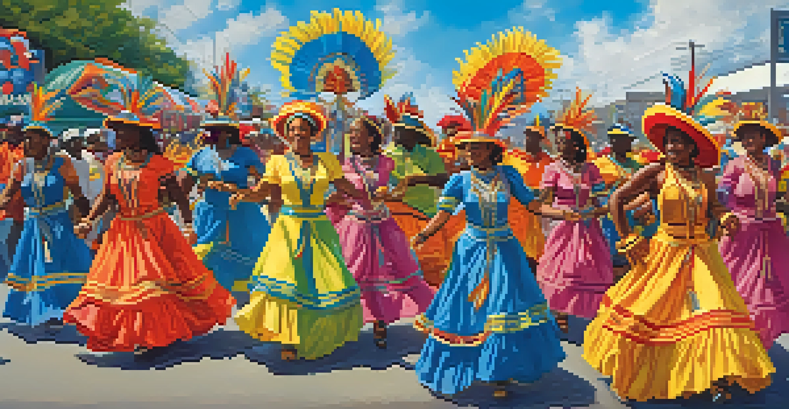 A lively carnival scene with participants in colorful costumes celebrating the West Indian American Day Carnival in NYC.