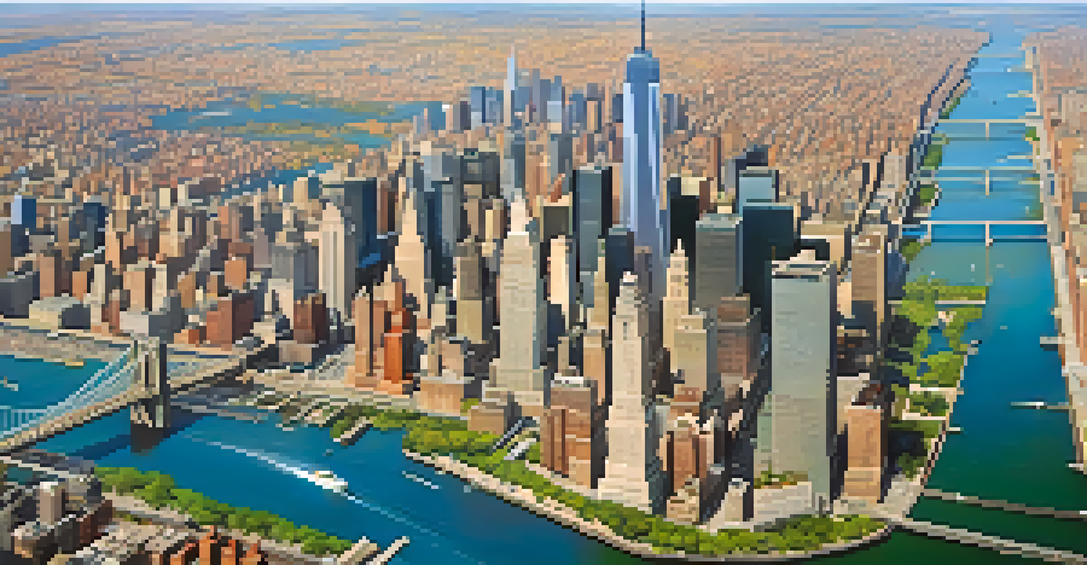 Aerial view of New York City displaying infrastructure improvements after Hurricane Sandy, with elevated roads and green spaces.