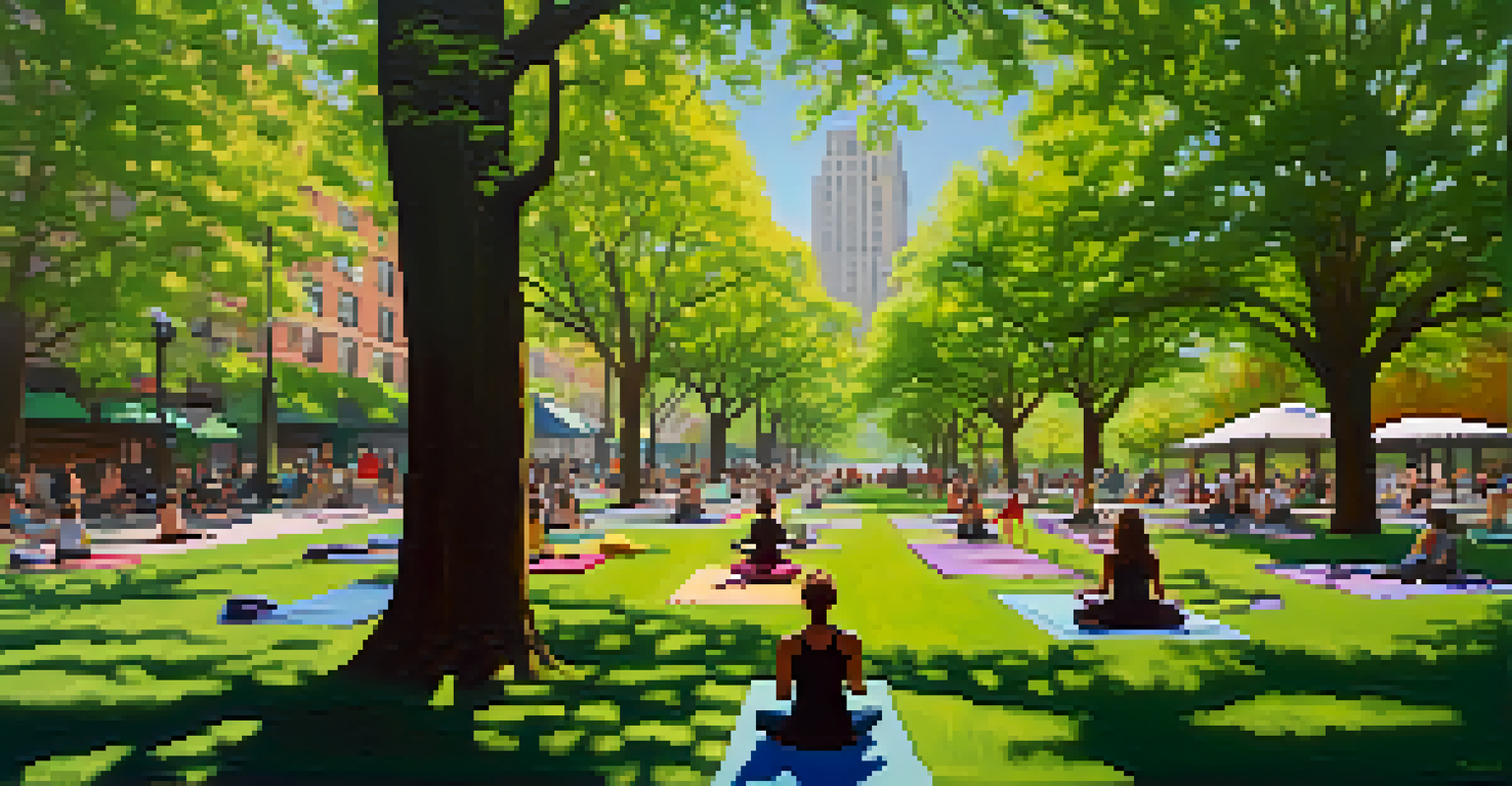 A peaceful urban park in NYC with people practicing yoga surrounded by greenery and city buildings.