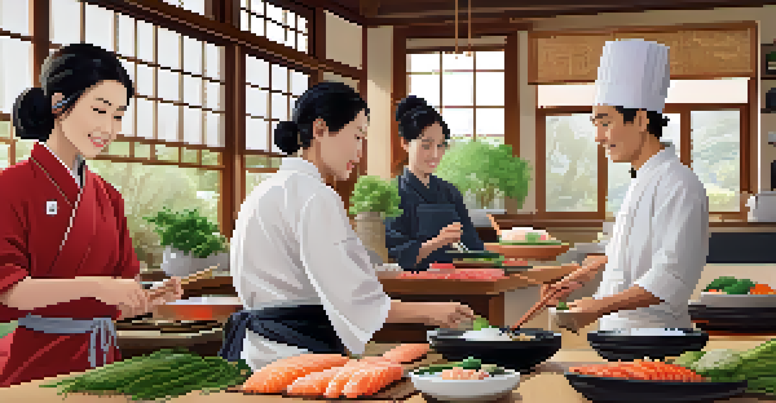 A Japanese chef teaching a cooking class on sushi-making in a cozy kitchen with fresh ingredients on the table.