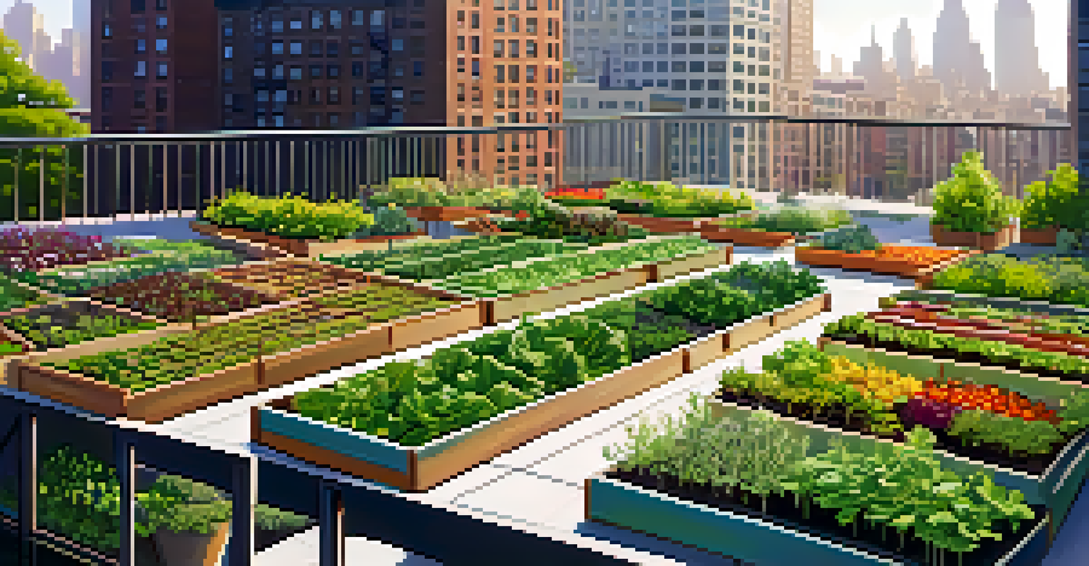 A rooftop garden with vegetables and herbs, overlooking the New York City skyline.