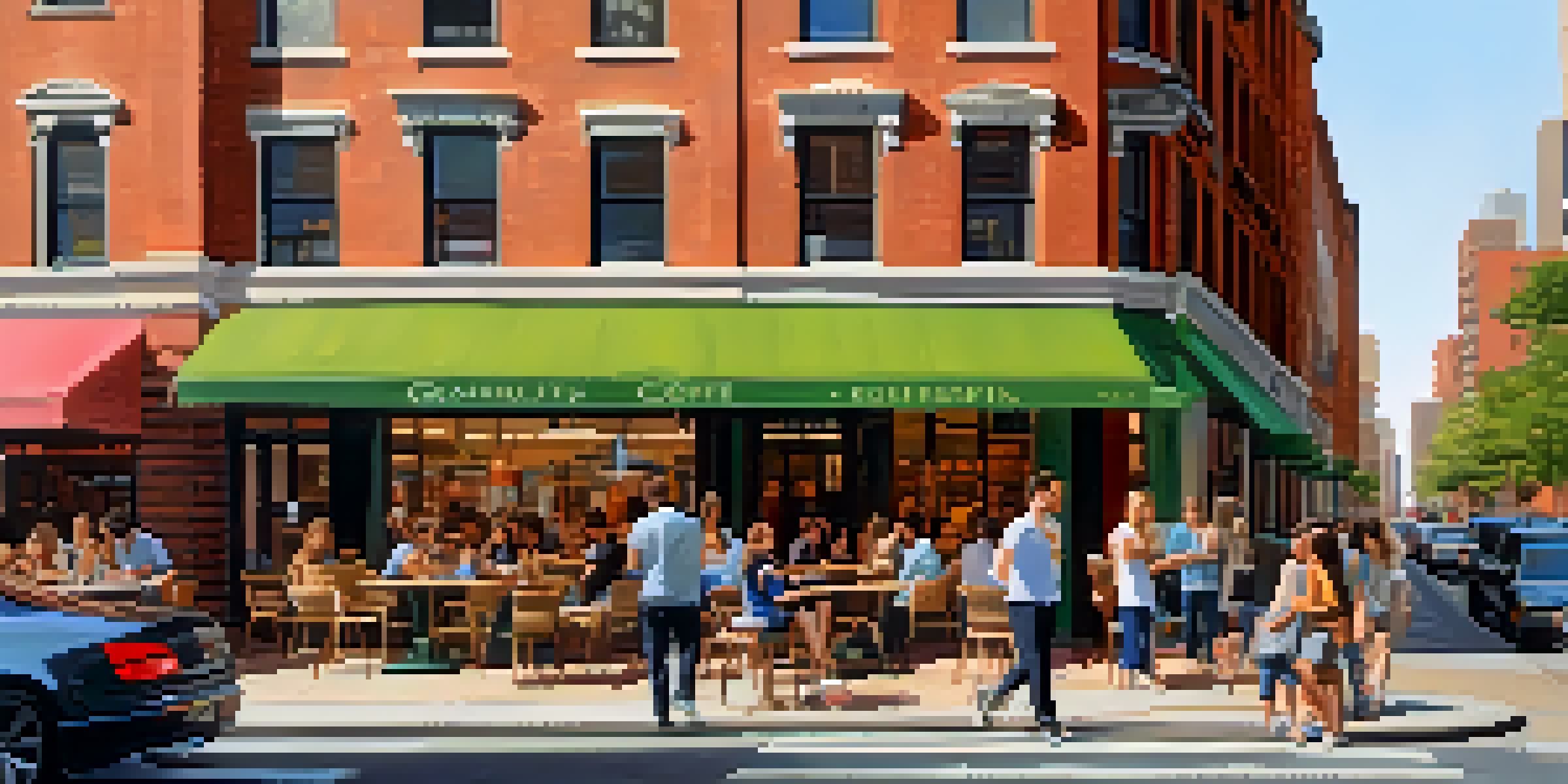 A busy street in New York City with a coffee shop and mixed-use buildings, people socializing, and greenery.