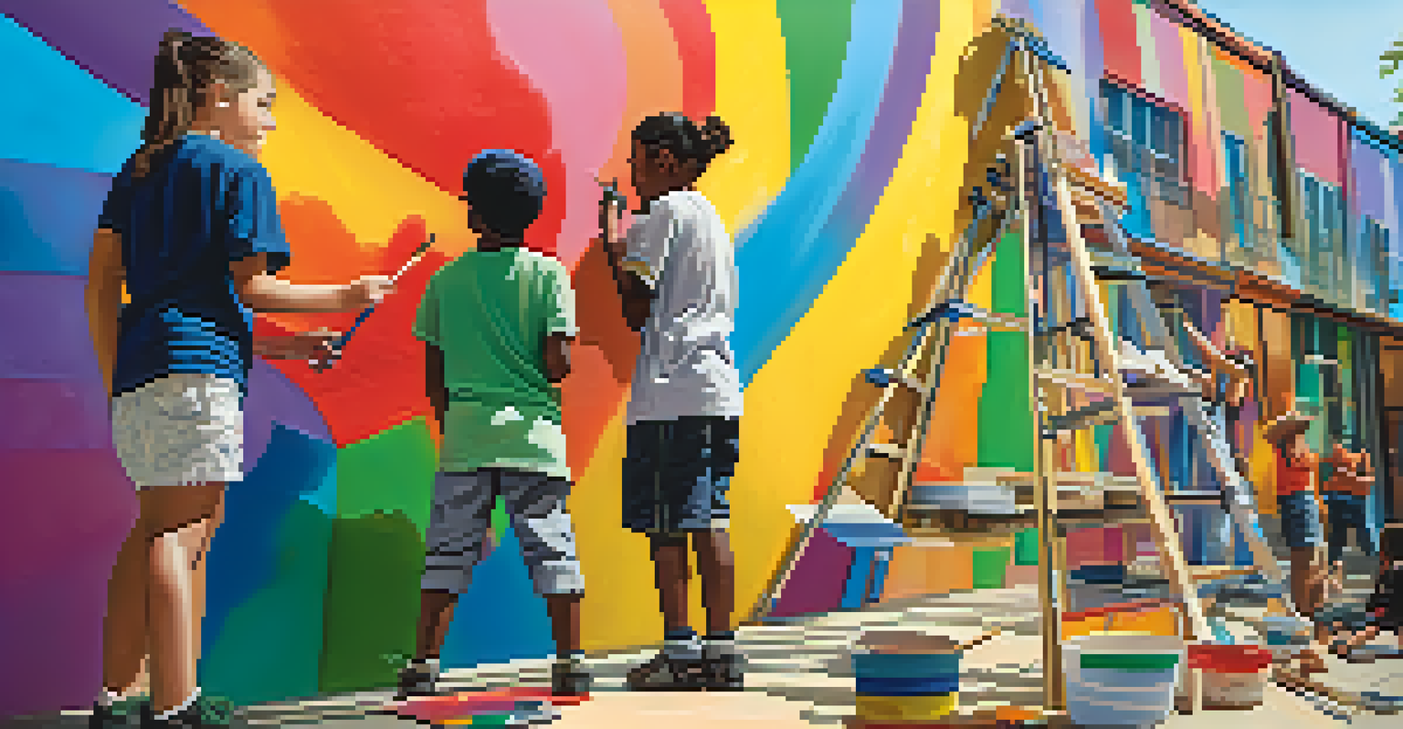 A young artist painting a colorful mural with spectators in the background, showcasing community involvement in the arts.