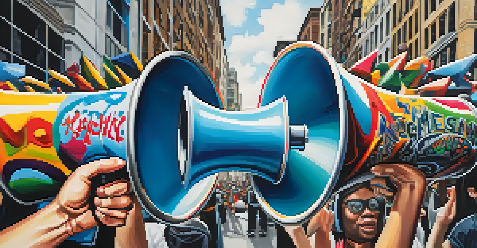 Hands holding a colorful megaphone against a blurred cityscape, symbolizing social media advocacy.