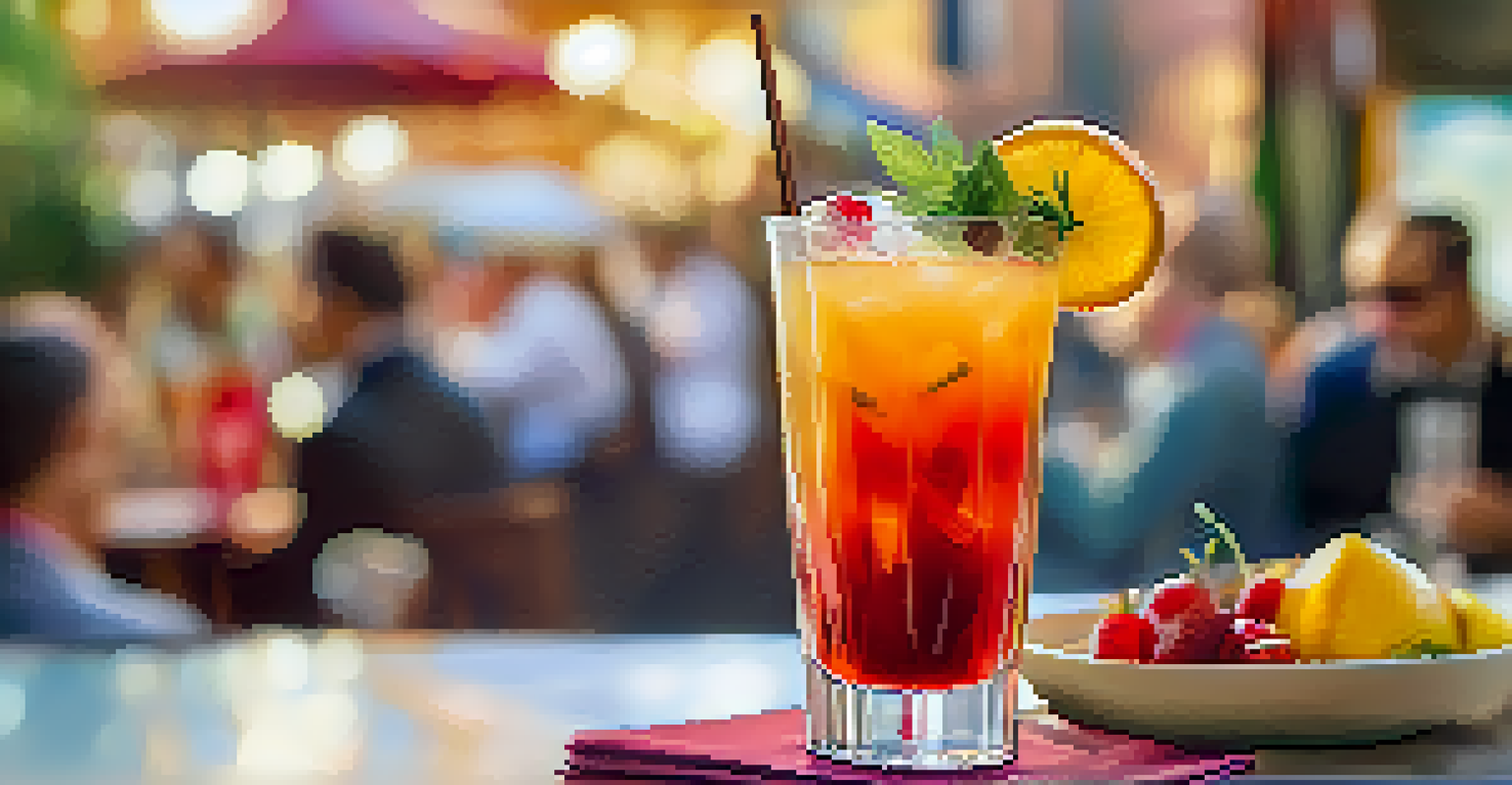 A close-up of a colorful craft cocktail garnished with herbs and fruits, with blurred brunch dishes in the background and soft natural light.