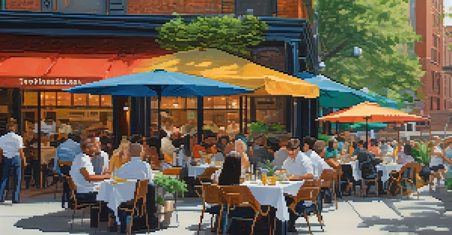 A lively outdoor dining area in New York City, with tables, diners, and colorful umbrellas.