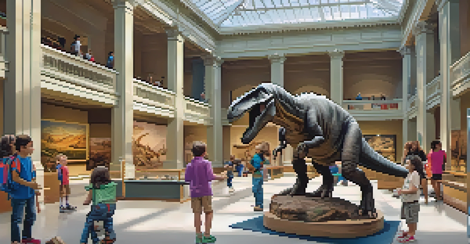 A lively scene inside the American Museum of Natural History with children interacting with dinosaur fossils and exhibits.