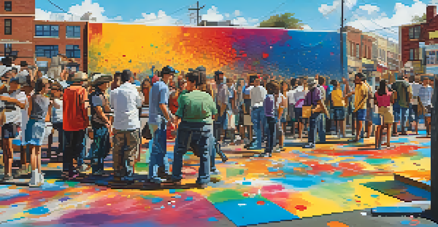 Artists painting a large mural with community members observing in a lively urban setting, under a bright blue sky.