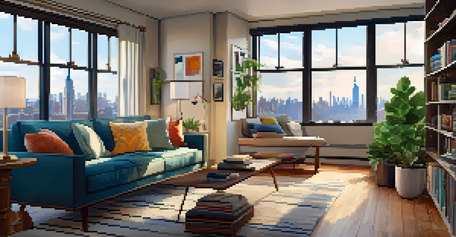 A cozy interior of an affordable NYC apartment, featuring a stylish living room with plants and a view of the city skyline.