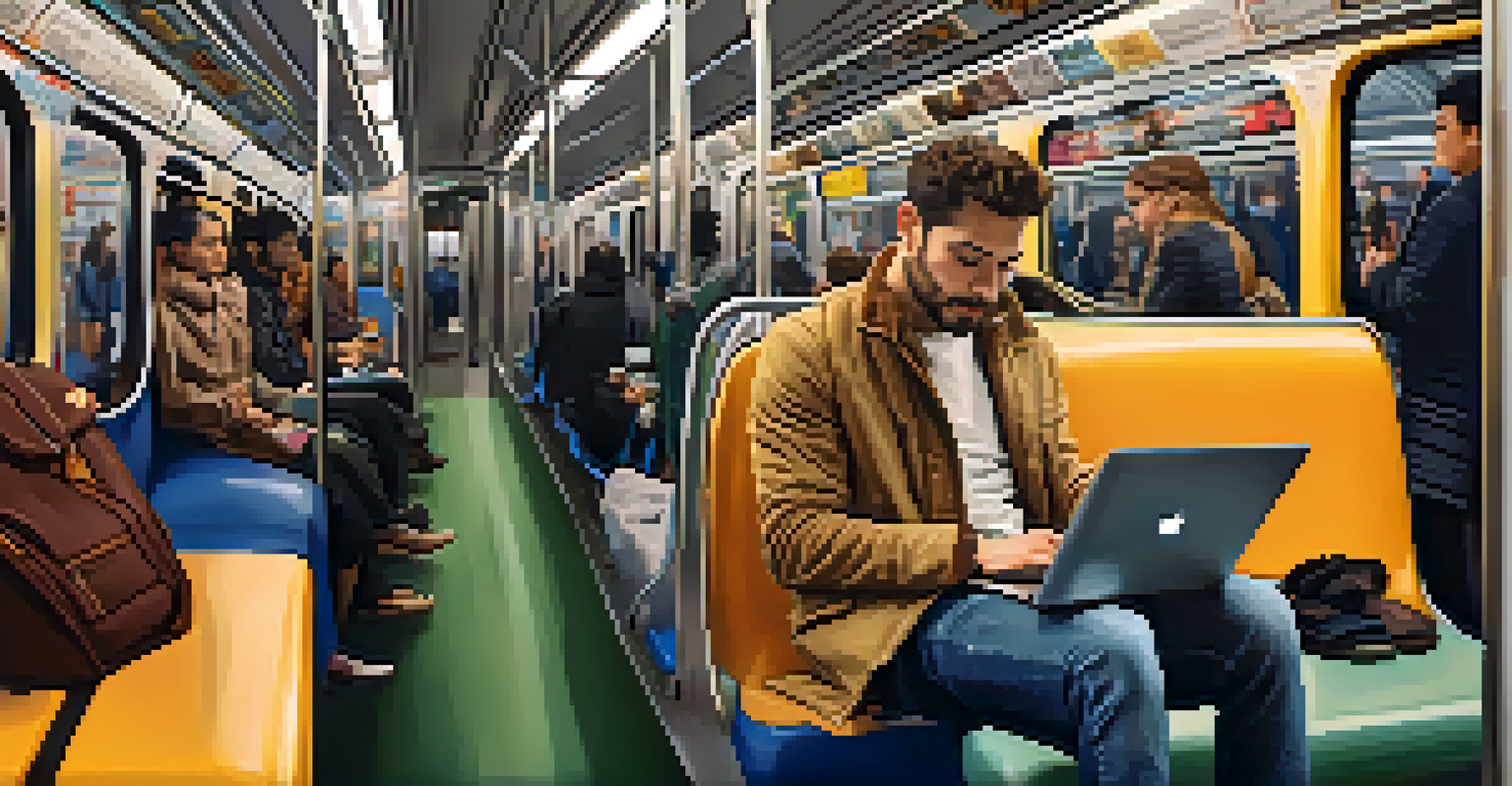 A digital nomad working on a laptop on a New York City subway train, surrounded by commuters and vibrant ads.