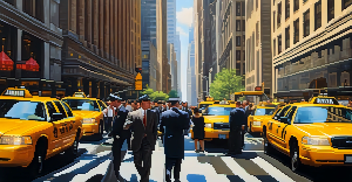 A busy Wall Street scene in New York City with skyscrapers, pedestrians in suits, and yellow taxis under warm sunlight.