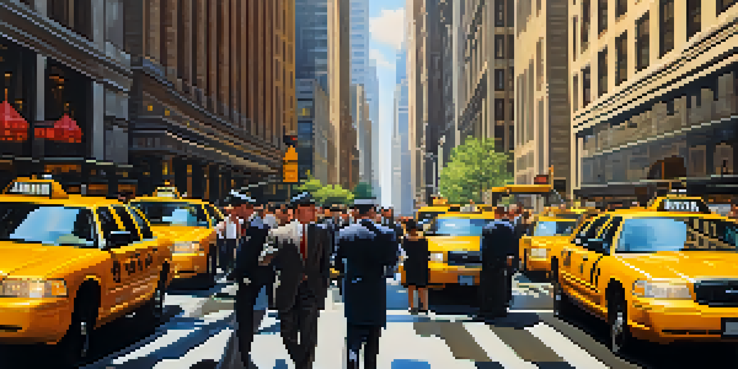 A busy Wall Street scene in New York City with skyscrapers, pedestrians in suits, and yellow taxis under warm sunlight.