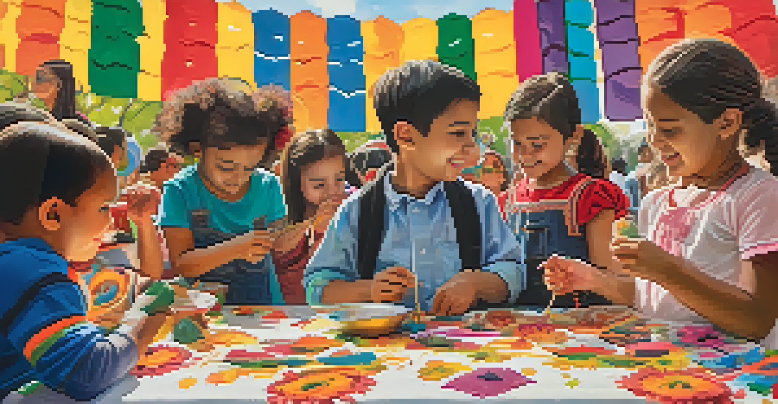 Children and families participating in mask-making activities at a Día de los Muertos festival in NYC, surrounded by colorful decorations.