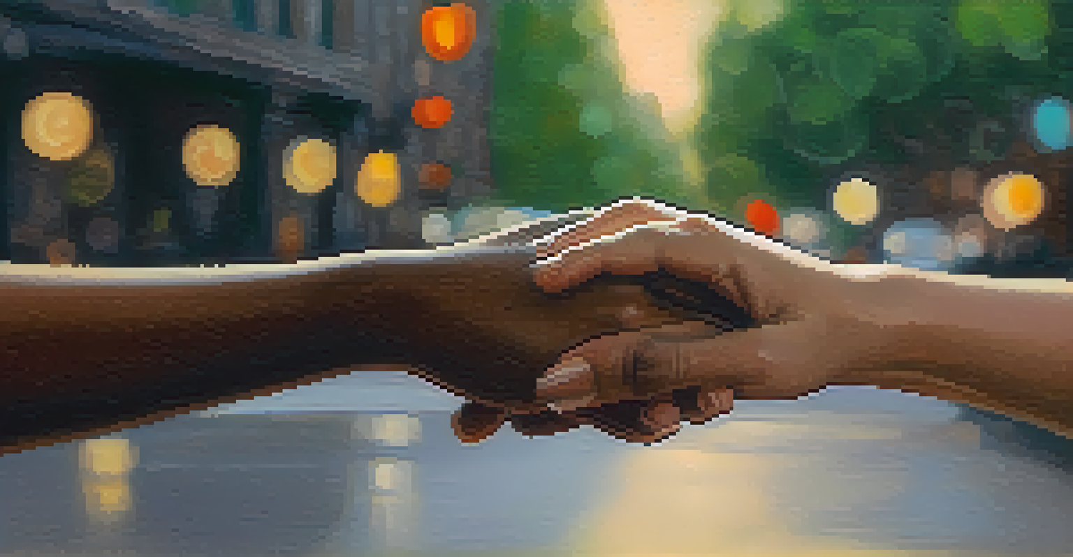 Close-up of hands practicing mindfulness with a peaceful NYC street in the background.