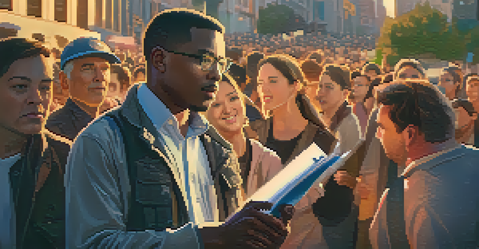 A local journalist at a protest taking notes, with passionate protesters and signs in the background illuminated by sunset glow.