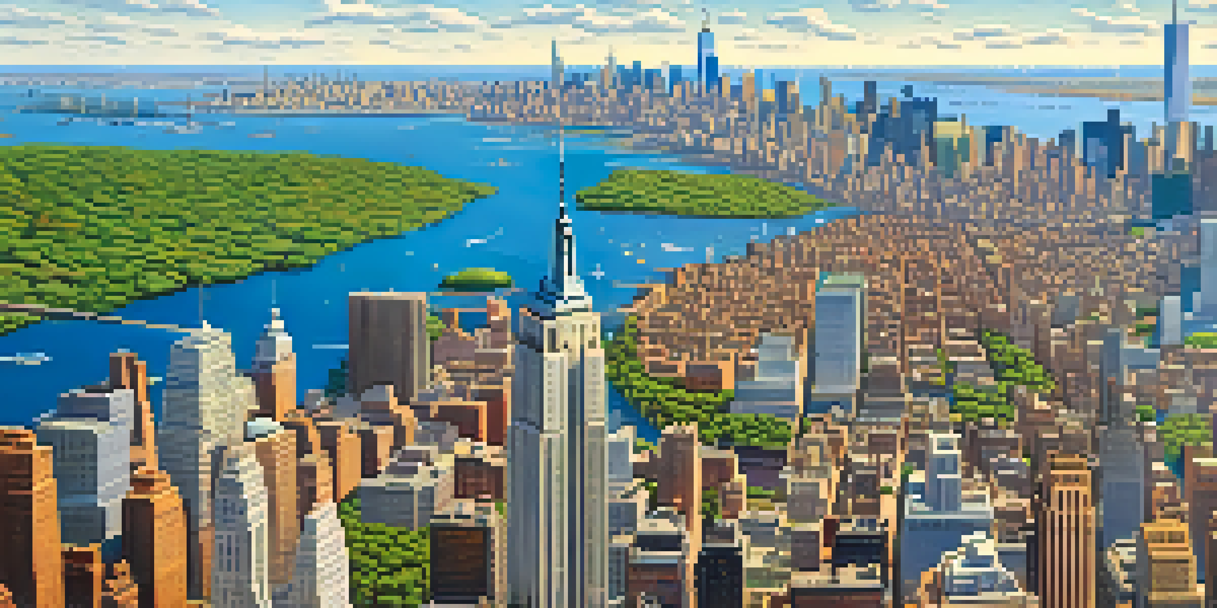 Aerial view of New York City with tall buildings and green parks under a clear blue sky.