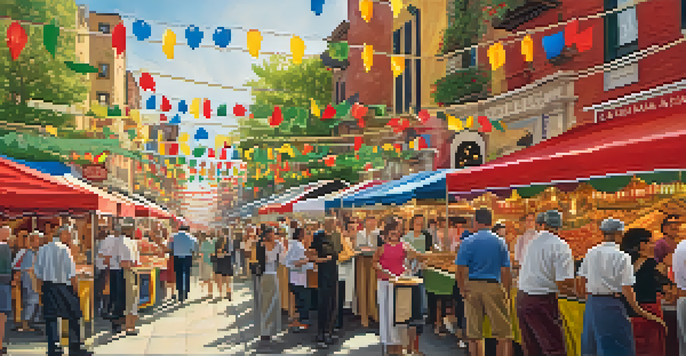 A lively street scene during the San Gennaro Feast, featuring food stalls, decorations, and a street performer playing an accordion.