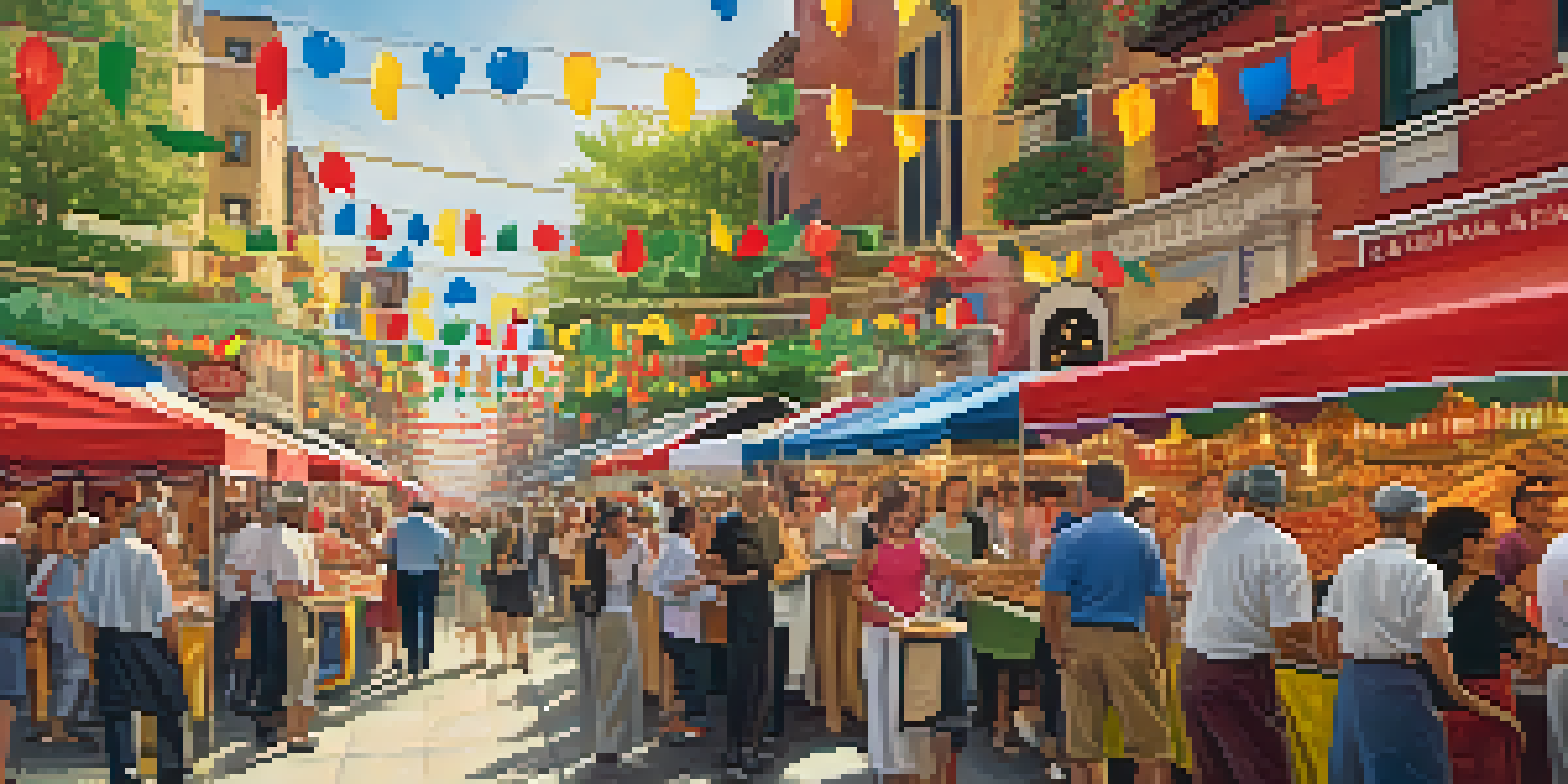 A lively street scene during the San Gennaro Feast, featuring food stalls, decorations, and a street performer playing an accordion.