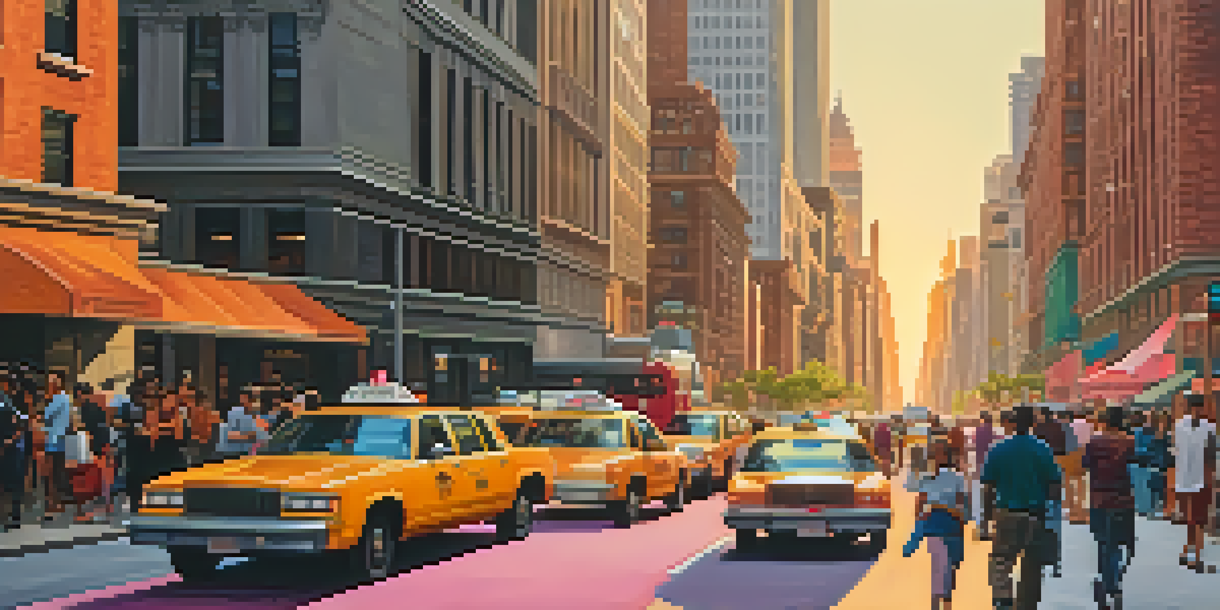 A vibrant New York City street scene at sunset with people, street vendors, and yellow cabs.