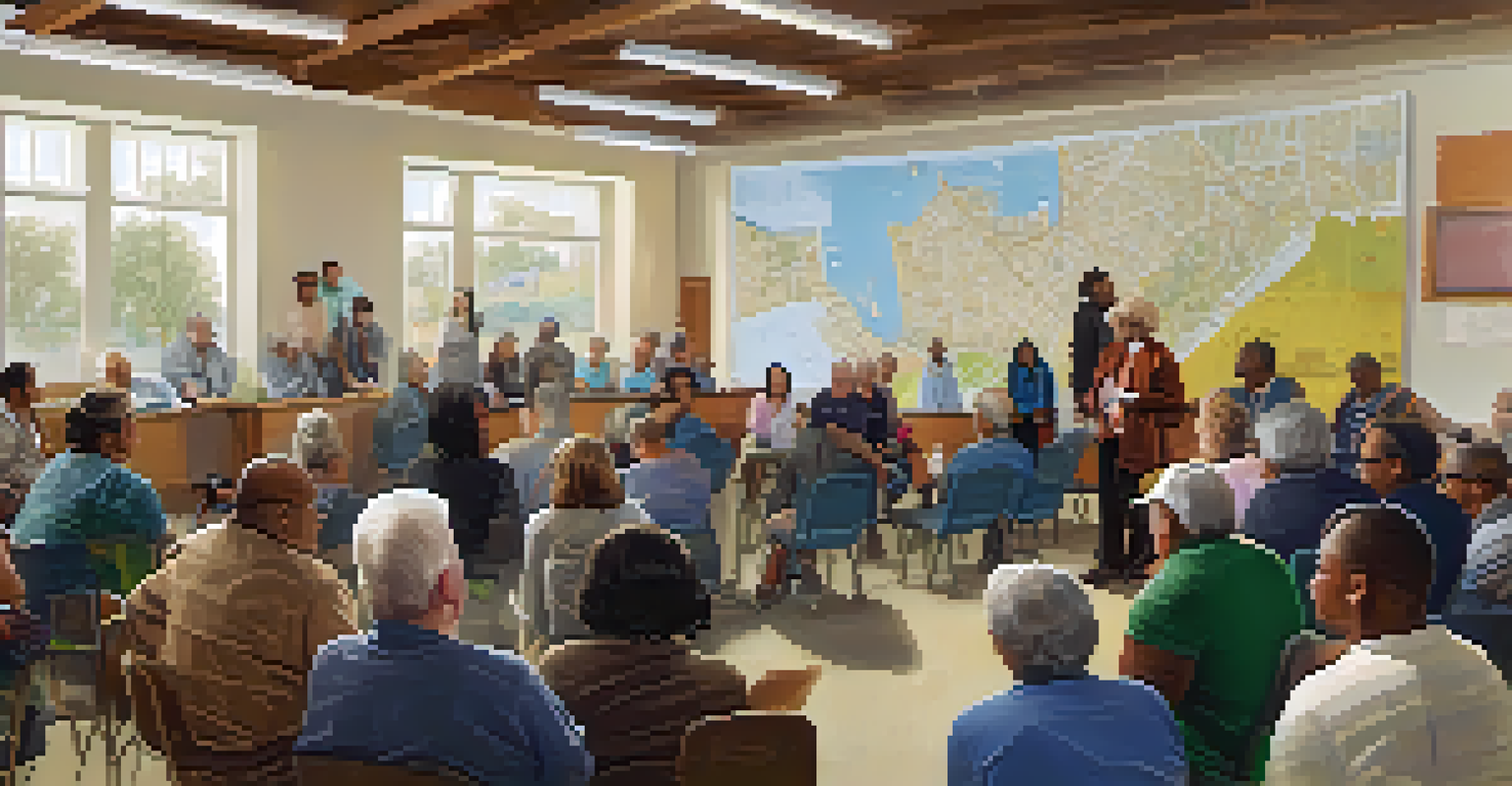 A community meeting in a center discussing public transit access with diverse residents and charts on the walls.