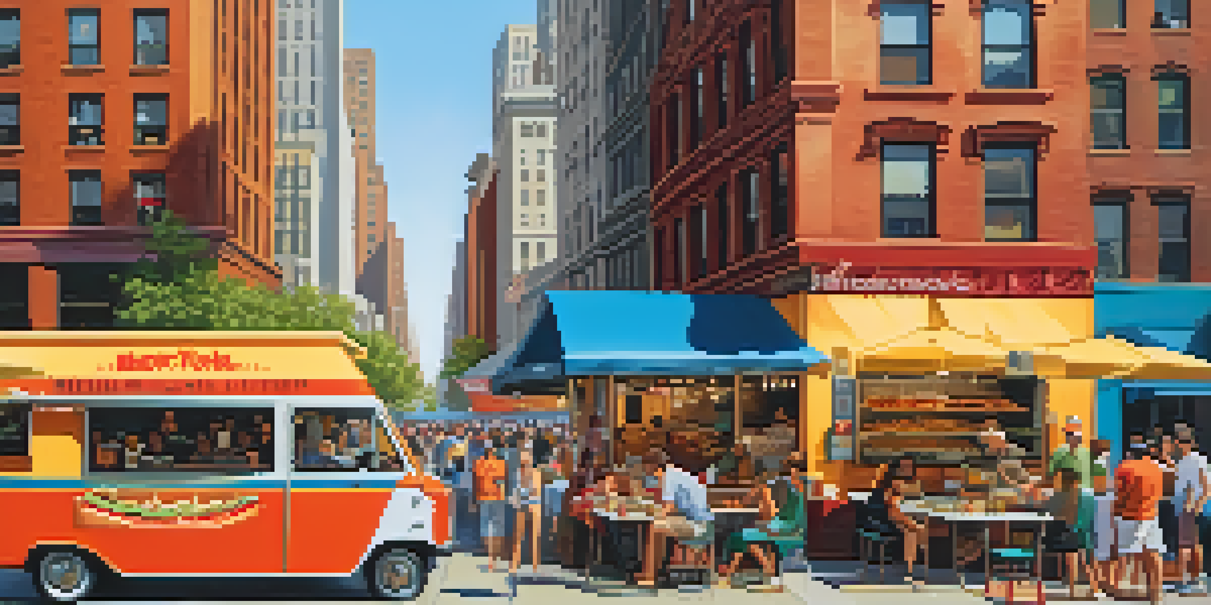 A lively street food scene in New York City with food carts and people enjoying various dishes.