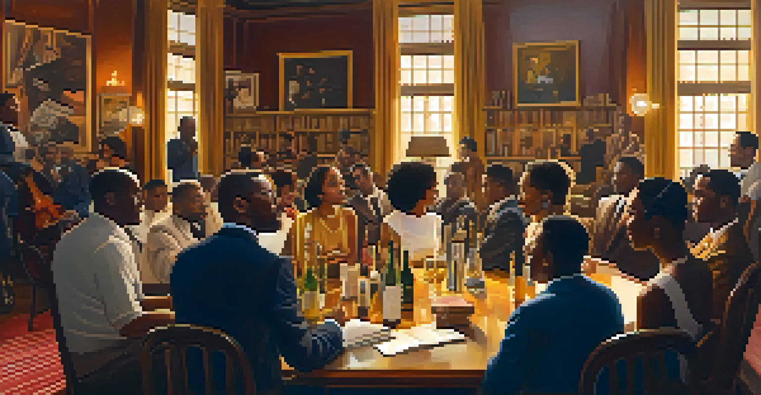A cozy gathering during the Harlem Renaissance with artists, writers, and musicians engaged in discussions among books and art.