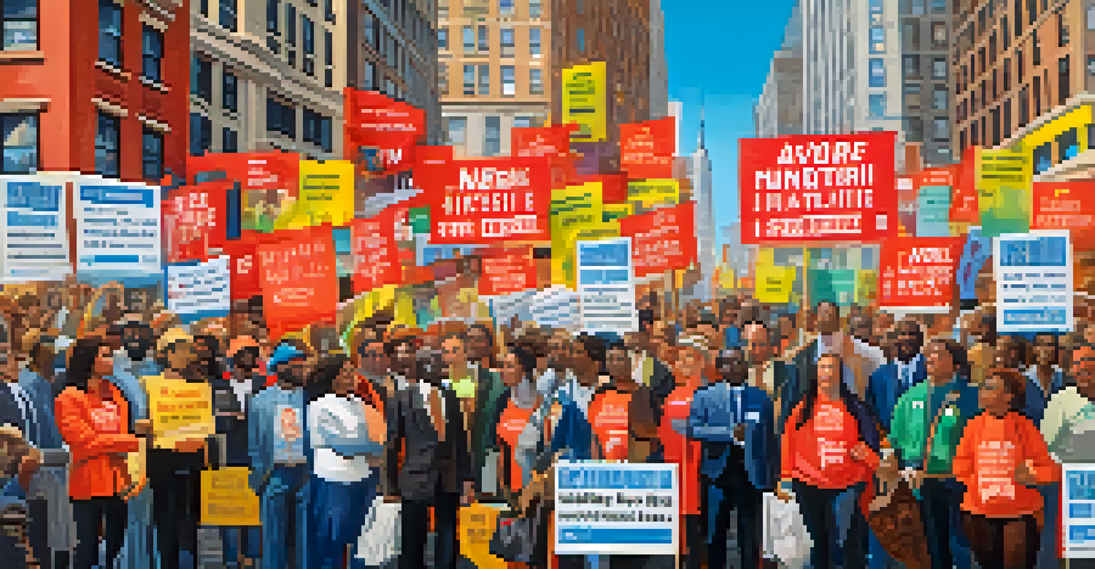 Advocates holding a rally for affordable housing in New York City, with signs and banners, in front of iconic buildings under a blue sky.