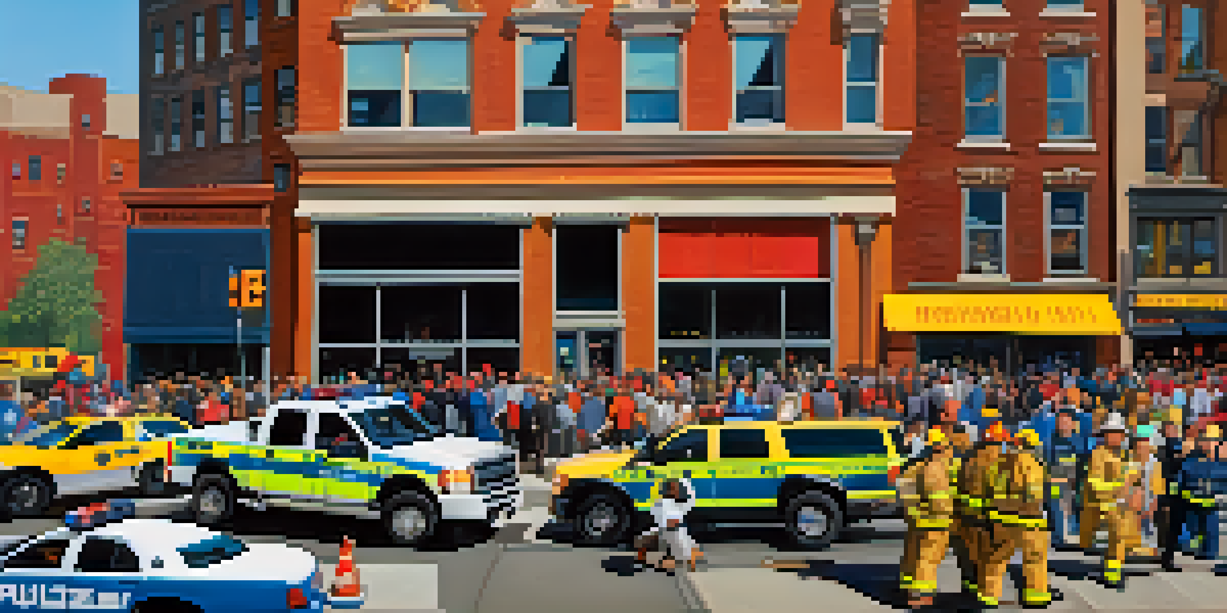 A vibrant street scene in New York City showing emergency responders in action during a crisis management drill, with a diverse crowd of residents observing.