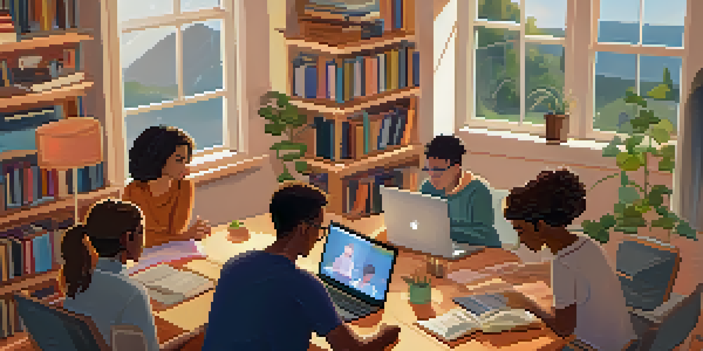 A diverse group of students attending a virtual class on their laptops in a cozy home setting, with sunlight streaming in the window.
