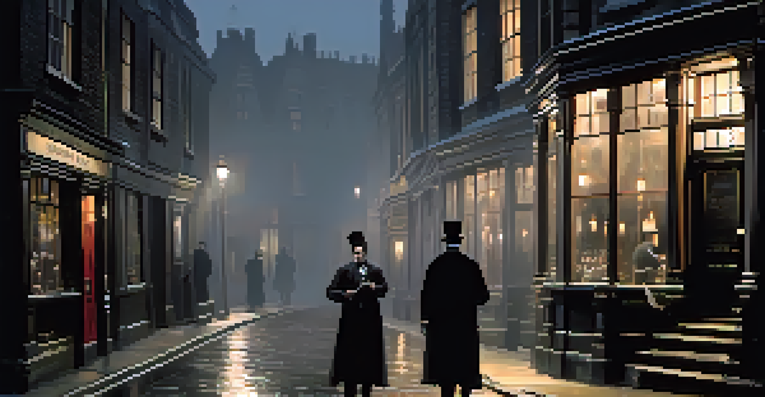 A moody Victorian London street with fog, featuring Sweeney Todd holding a razor outside a dimly lit barber's shop, surrounded by gothic buildings.