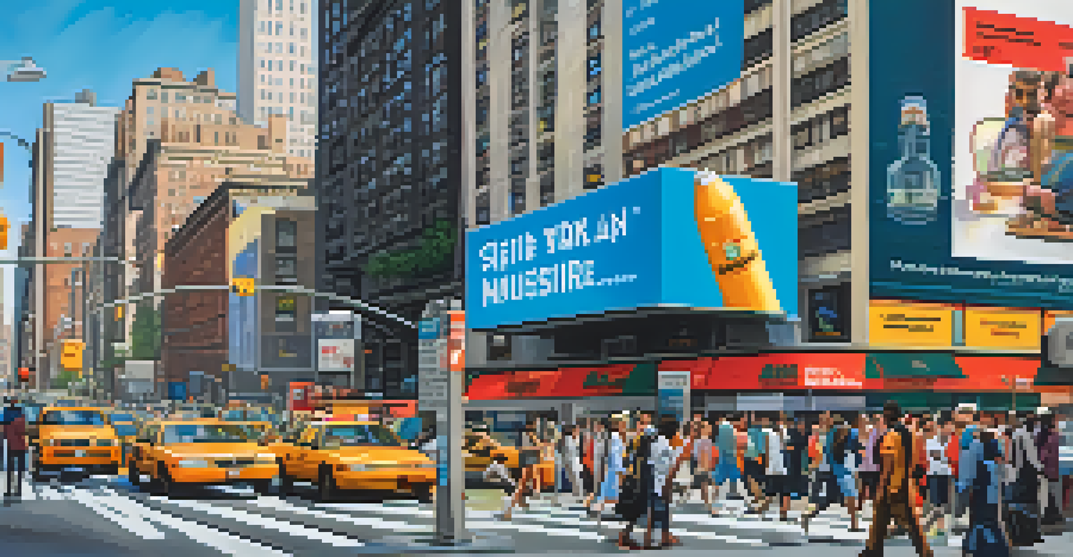 A busy street in New York City featuring a public health billboard with safety information, surrounded by pedestrians and tall buildings.