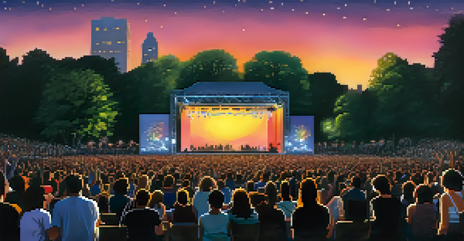 A sunset view of Central Park SummerStage with silhouettes of trees and illuminated performers, capturing a sense of community.