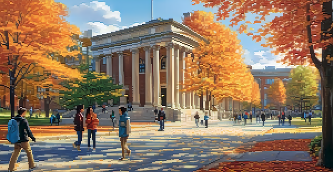 A scenic view of Columbia University in autumn, featuring historic buildings surrounded by colorful fall leaves and students engaging on the campus.