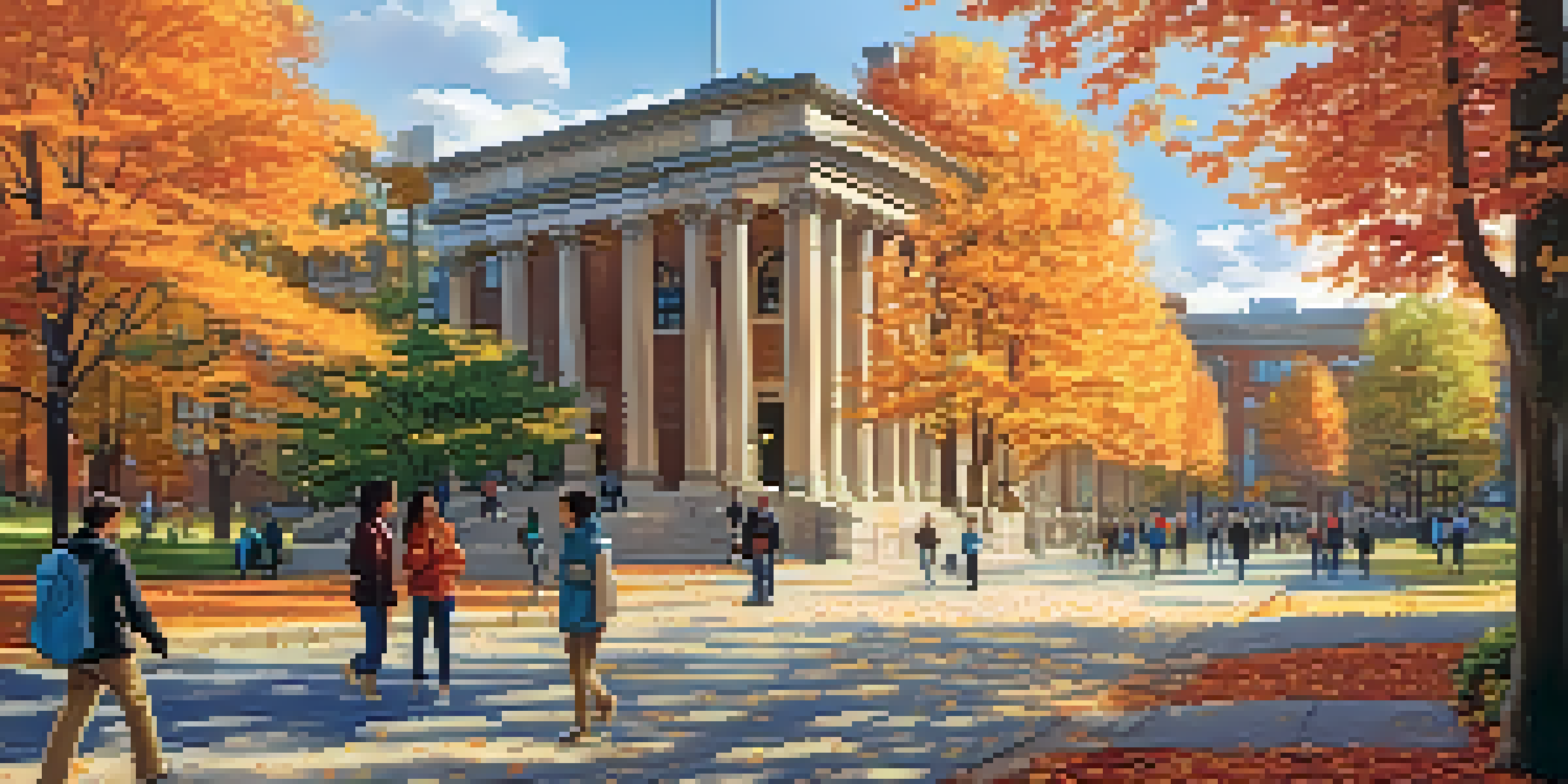 A scenic view of Columbia University in autumn, featuring historic buildings surrounded by colorful fall leaves and students engaging on the campus.