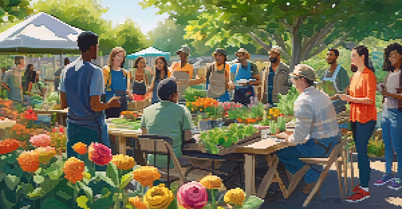 A workshop on sustainable practices in a community garden, with participants listening to an instructor amidst colorful plants and flowers.