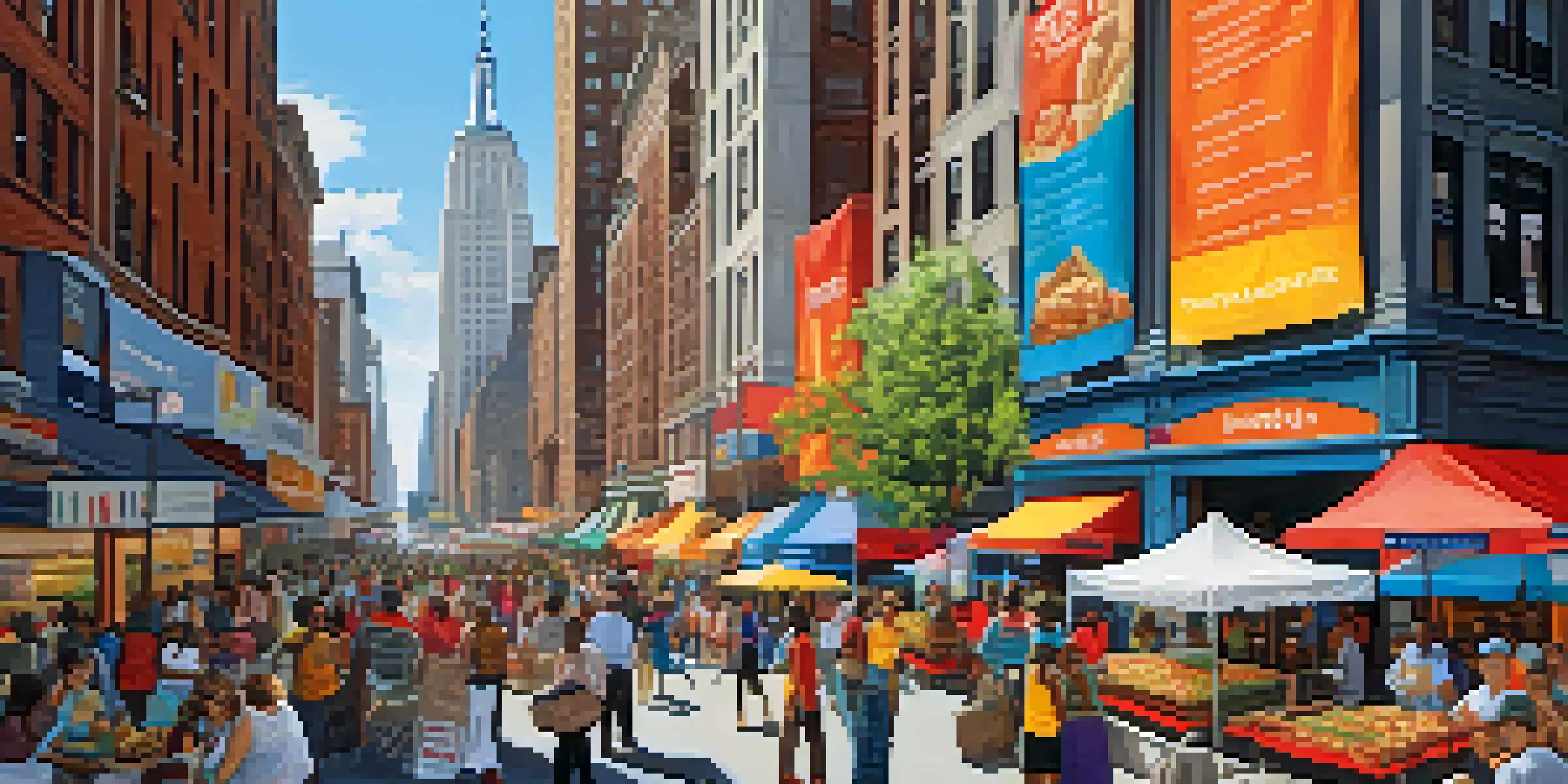 A vibrant street in New York City with diverse people participating in community activities, including volunteers handing out food and colorful nonprofit banners.