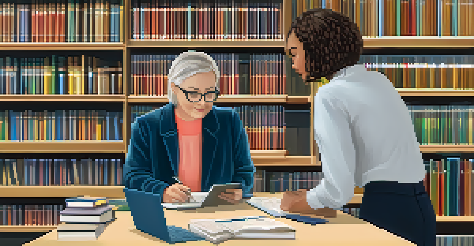 A close-up of a librarian assisting an adult learner at a library desk, with a laptop and educational materials present.