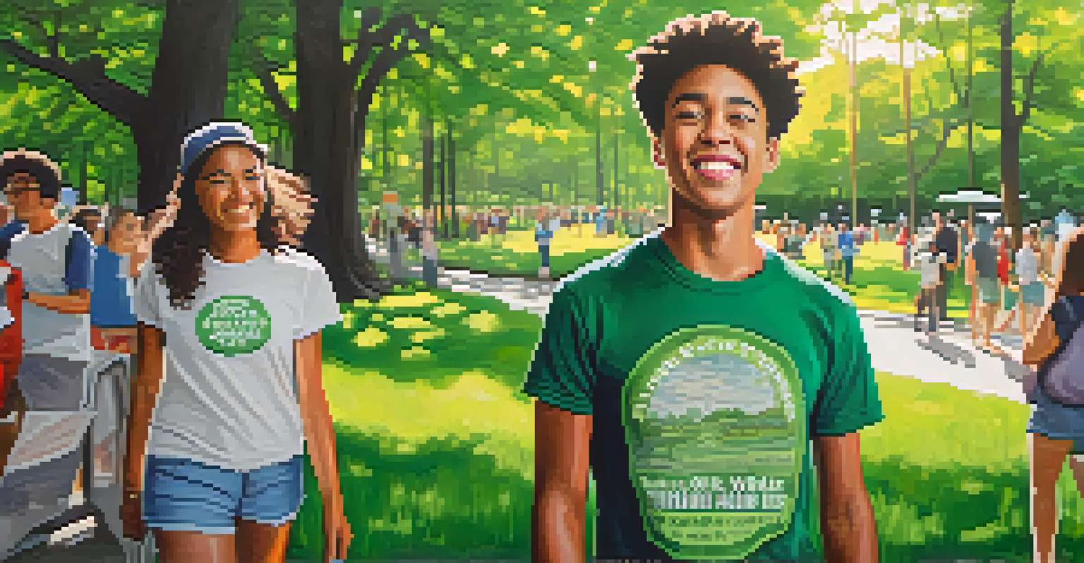 A close-up portrait of a smiling young activist in an environmental t-shirt, with a lush green park in the background.