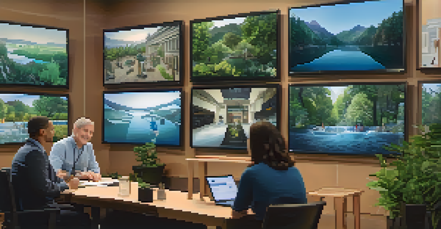 A virtual town hall meeting focused on water management with a diverse panel of experts and community members participating, in a cozy indoor setting.
