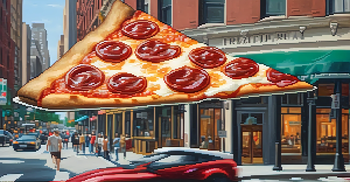 A close-up of a classic New York-style pizza slice with crispy crust, topped with tomato sauce, mozzarella cheese, and fresh basil, set against a blurred NYC street.