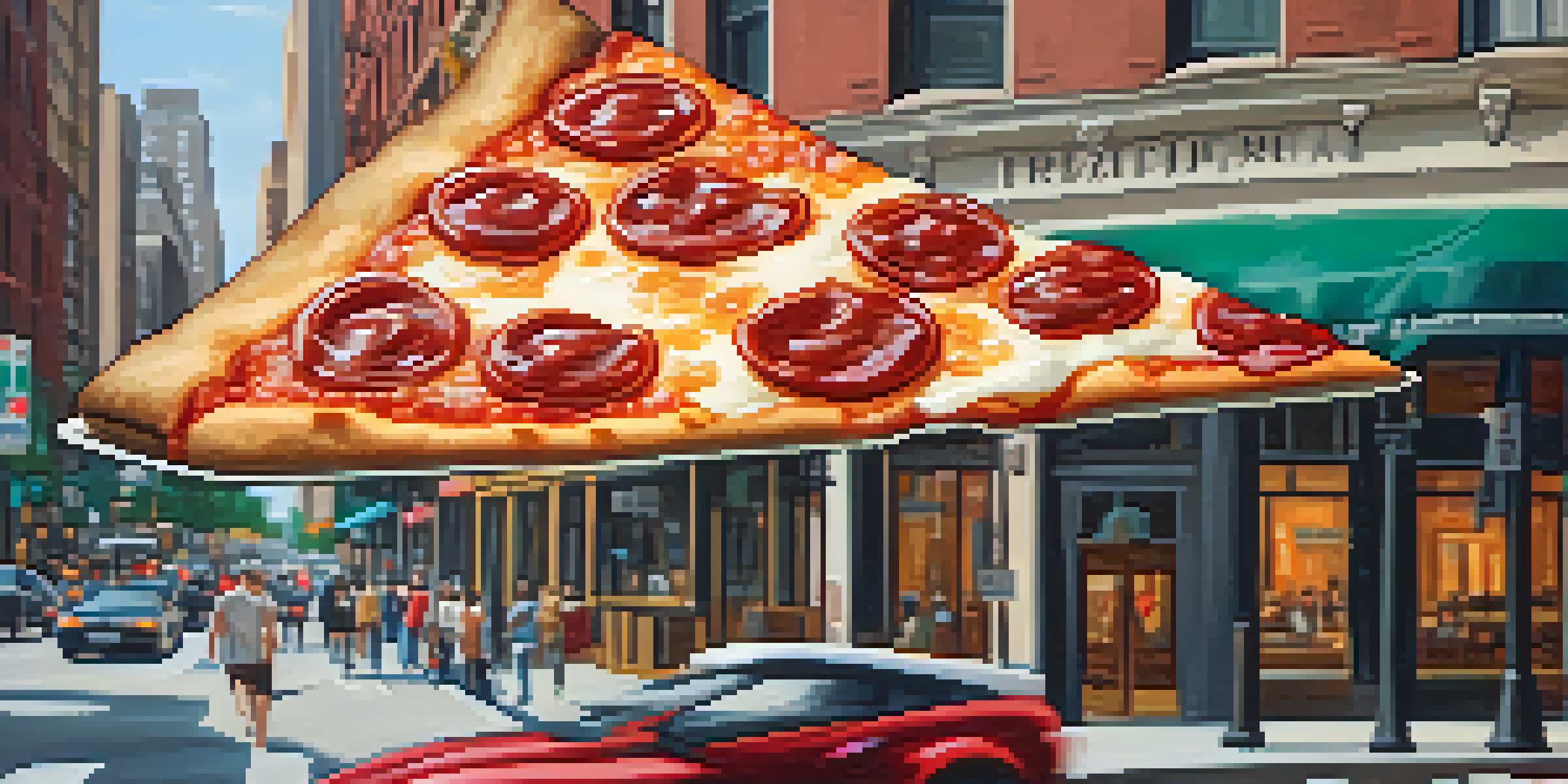 A close-up of a classic New York-style pizza slice with crispy crust, topped with tomato sauce, mozzarella cheese, and fresh basil, set against a blurred NYC street.