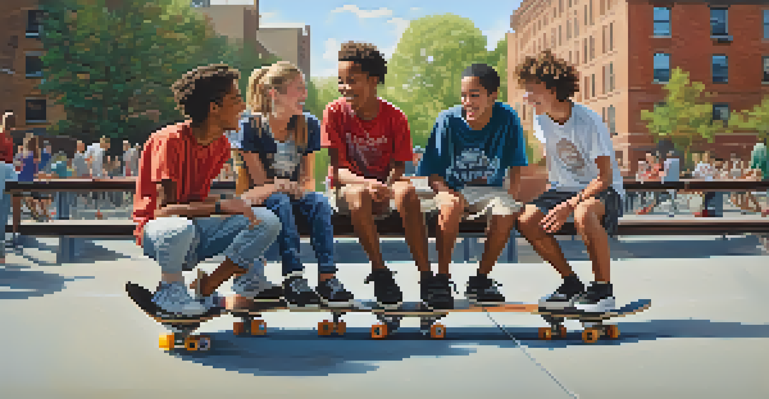 A group of young skaters in a park sharing tips and laughing together, showcasing community and friendship.