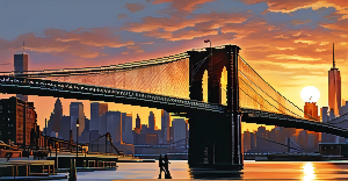 A sunset view of the Brooklyn Bridge with warm colors reflecting in the East River and pedestrians walking across.
