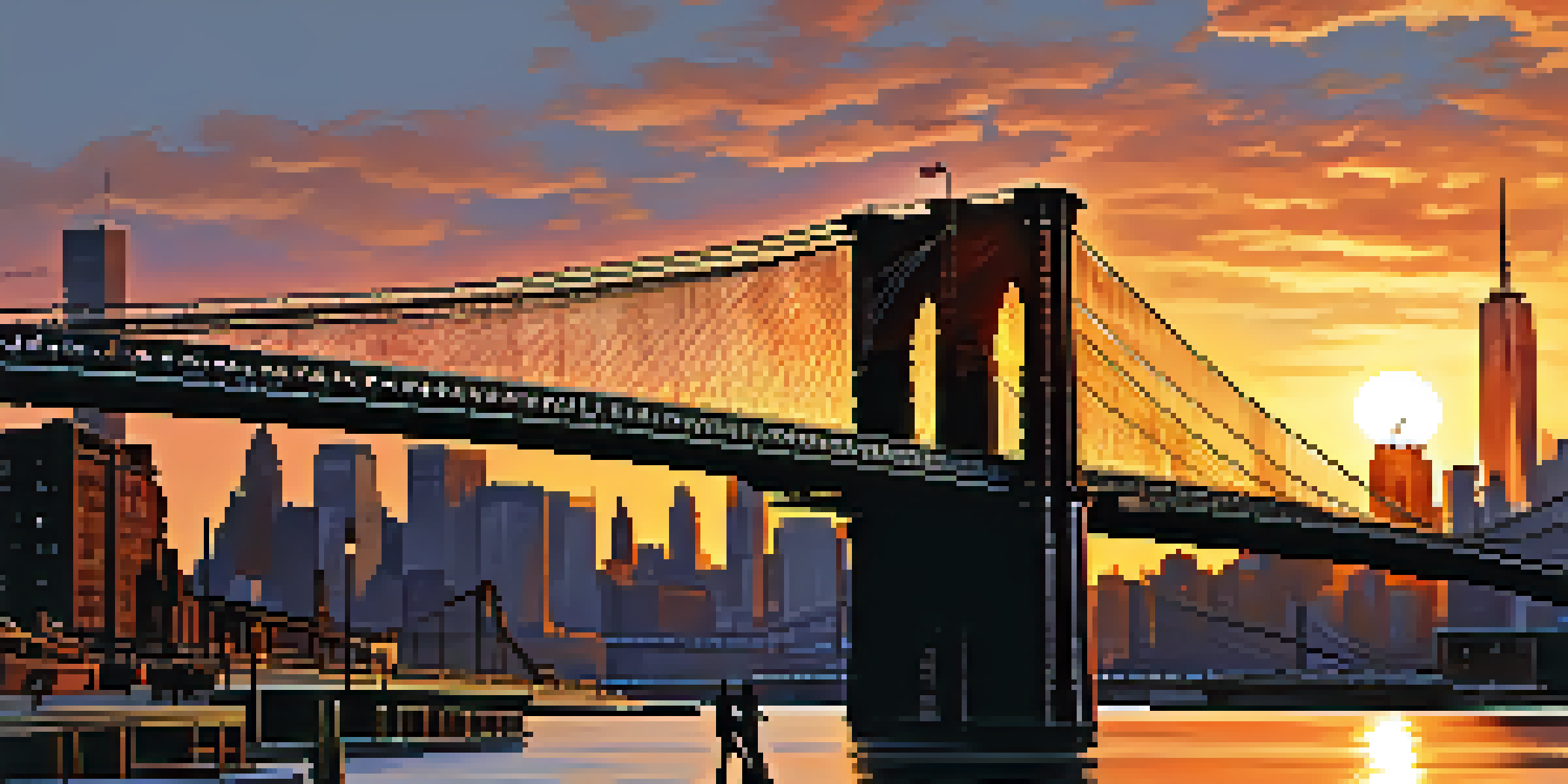A sunset view of the Brooklyn Bridge with warm colors reflecting in the East River and pedestrians walking across.