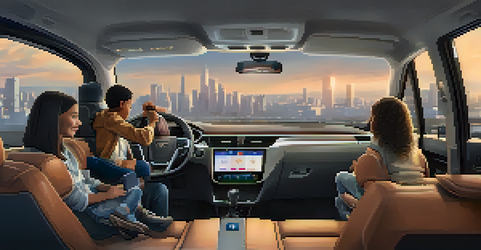 Interior of a modern car service vehicle with passengers, showing a digital dashboard and city skyline through the windows.