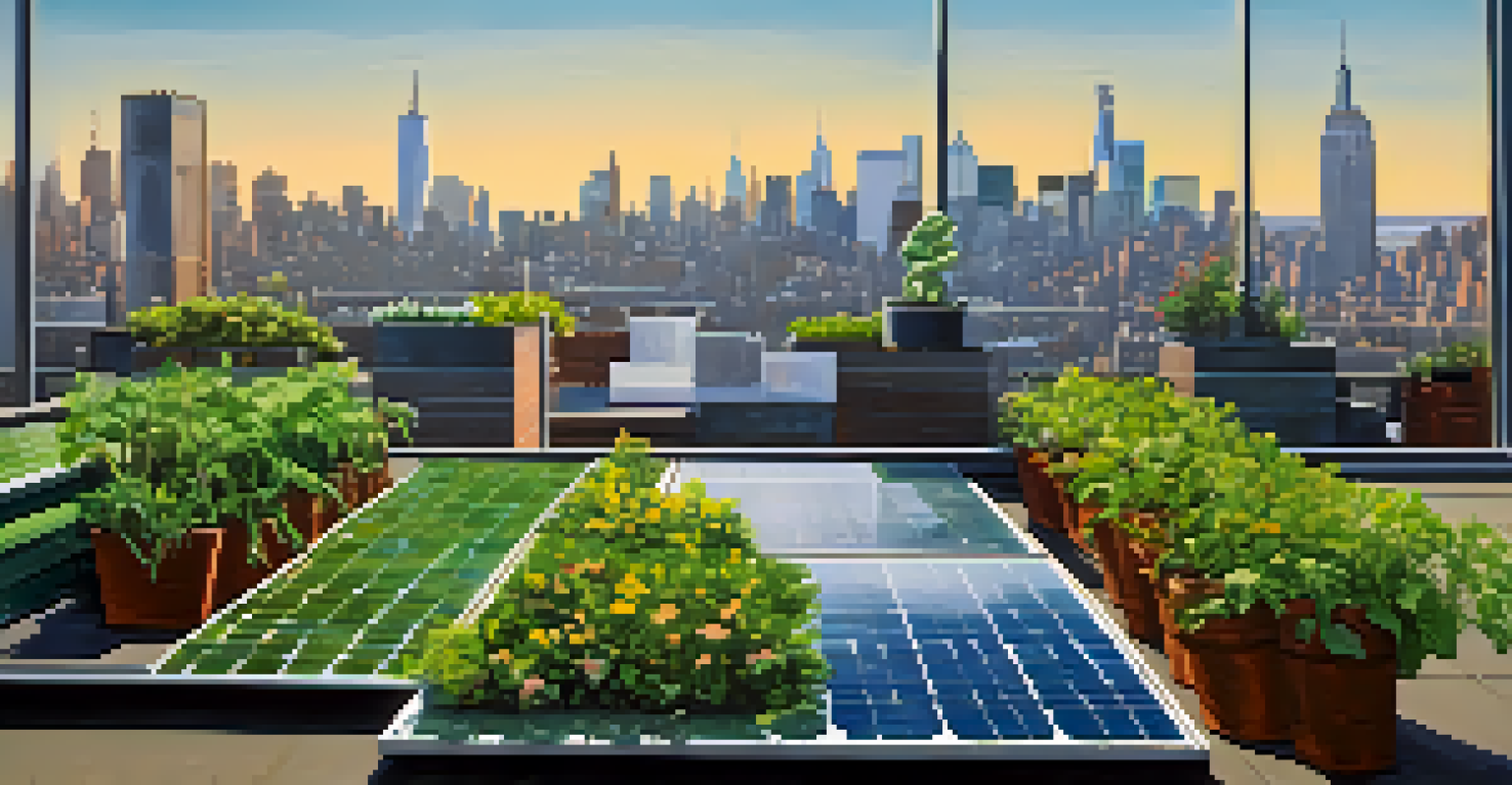 A close-up of solar panels on a rooftop garden with plants, overlooking the NYC skyline on a clear day.