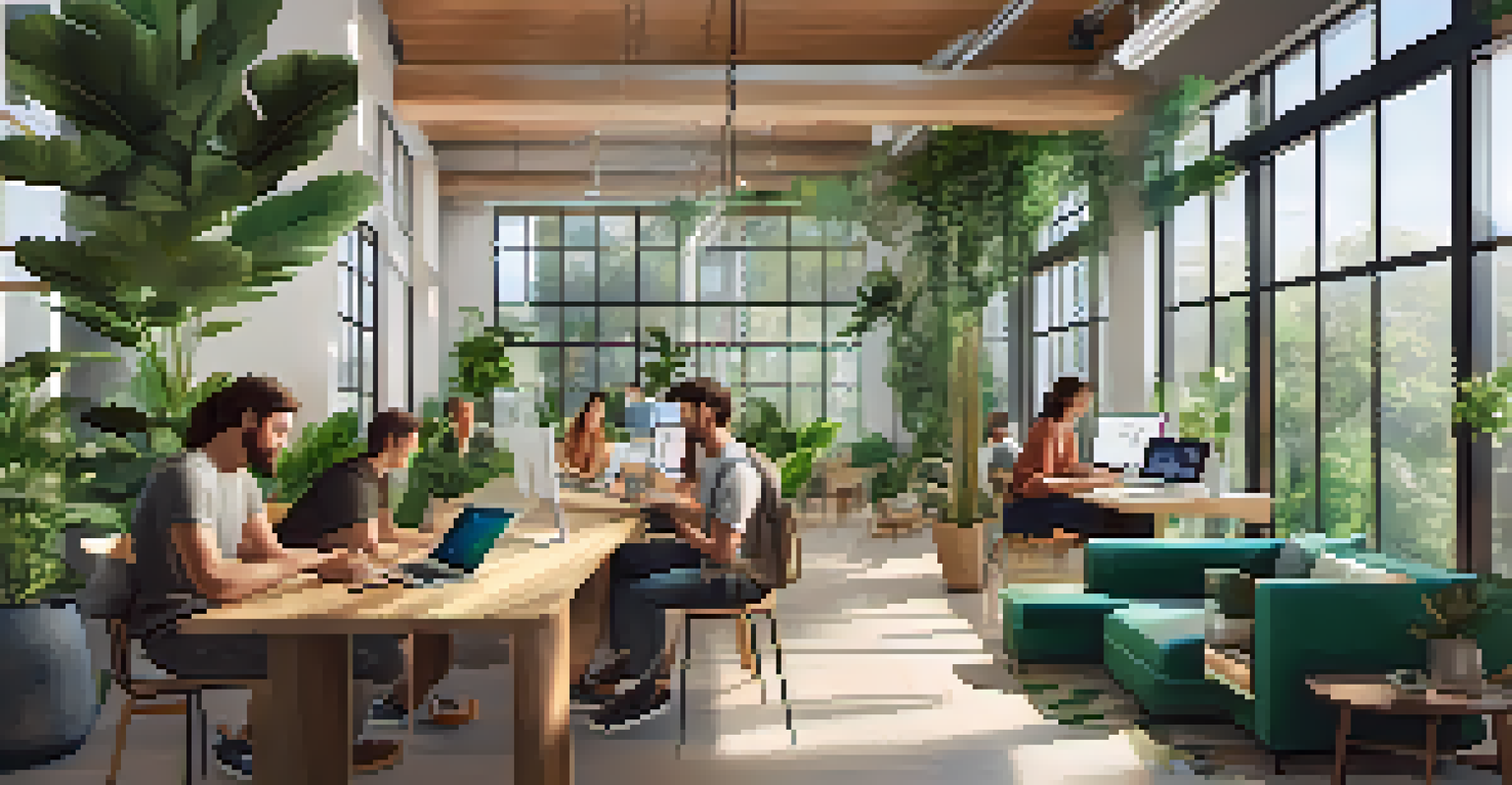A bustling coworking space with diverse individuals working on laptops.
