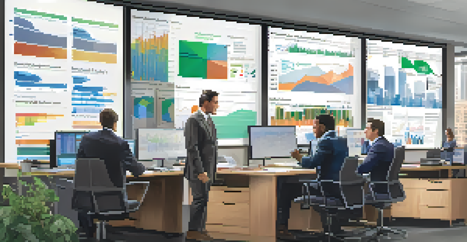 A diverse team in an office analyzing financial data on large screens, collaborating in a modern workspace.