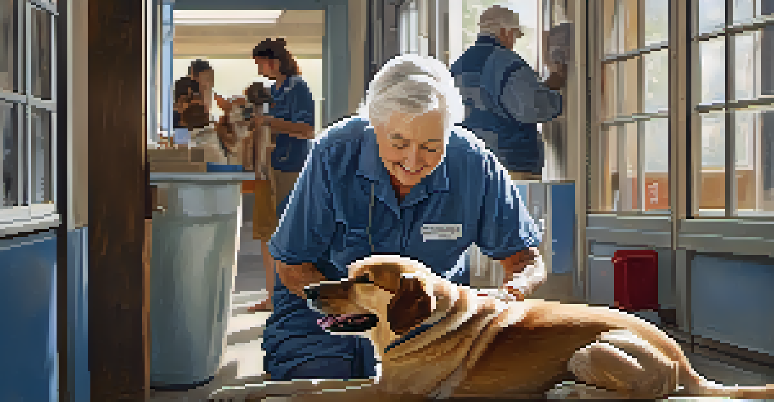 An elderly volunteer brushing a dog in an animal shelter, surrounded by a warm and inviting atmosphere.