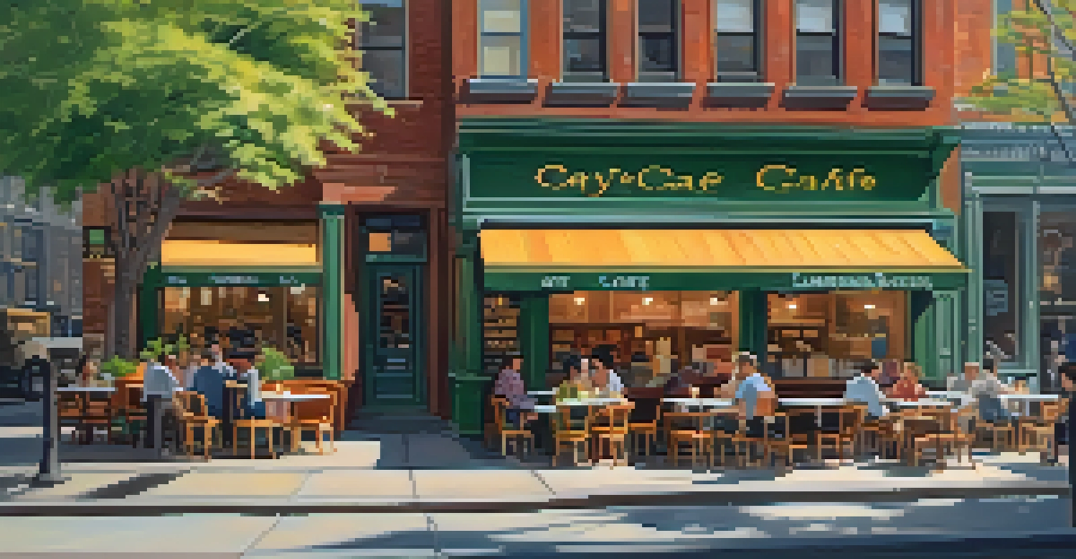 A cozy outdoor café in NYC with people enjoying coffee and pastries, surrounded by rustic furniture, plants, and colorful murals, illuminated by soft morning light.